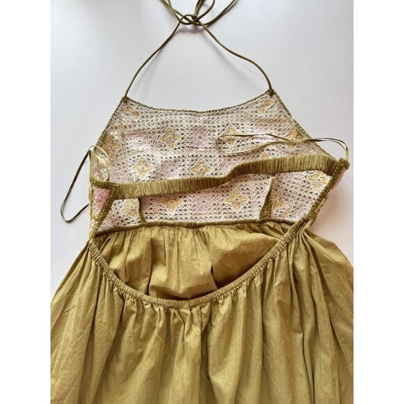 NWT ZARA Olive Green Beaded Cotton Crochet Halter Maxi Dress, Size L - Picture 11 of 16
